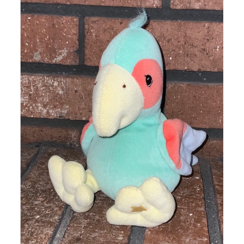 Vintage Precious Moments Tender Tails Parrot Plush Teal Pink Bird 1999 Retired